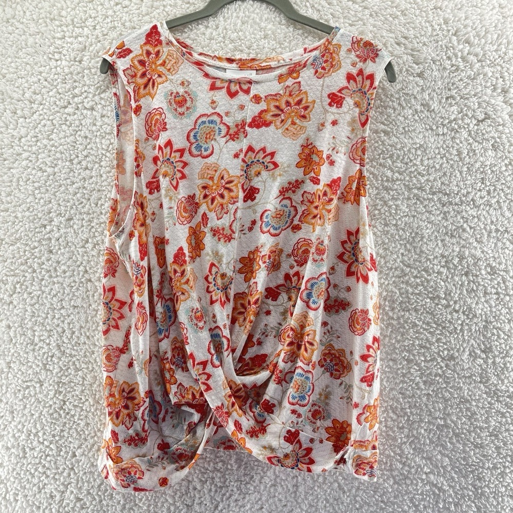 J. Jill Linen Blouse Women's Size Large Floral Sleeveless Twist Front 100% Linen